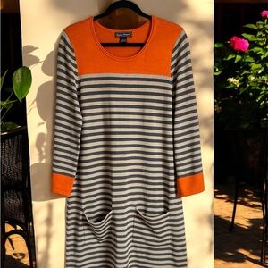 Jessica Howard 3/4 Sleeve Orange Beige Brown Striped Casual Sweater Dress